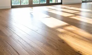 El cálido suelo de madera de una casa de campo, bañado por la luz del sol que entra por los ventanales.