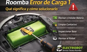 La luz indicadora de fallo Roomba muestra un error de carga. Se recomienda revisar la batería, limpiar contactos, inspeccionar la base y el robot.