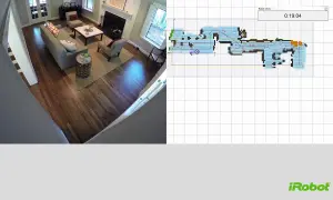 Vista aérea de una sala de estar con un mapa de **roomba mapeo** en la pantalla, mostrando el progreso de limpieza.