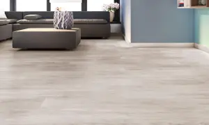 Suelos laminados colores actuales, con un sofá gris y una mesa de centro, en una sala de estar moderna.