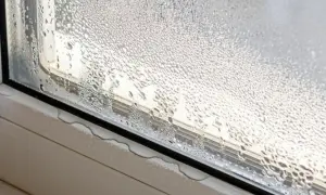 Gotas de agua cubren un cristal de ventana, mostrando cómo evitar condensación en ventanas. El agua se acumula en el alféizar.