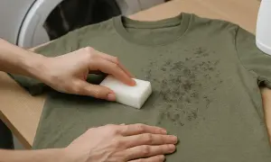Manos limpiando una camiseta verde con manchas de moho usando una esponja blanca. Aprende como quitar moho de la ropa.