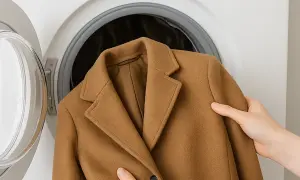 Manos introducen un abrigo de paño color camel en una lavadora. Aprende como lavar un abrigo de paño para mantenerlo como nuevo.