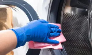 Mano con guante azul limpia el interior de una lavadora, eliminando una mancha de ropa.