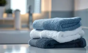 Toallas nuevas apiladas en tonos azules y blancos. Aprende como lavar toallas nuevas para que queden suaves y absorbentes.