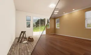 Antes y después de cambiar el suelo de una casa. A la izquierda, un suelo de madera rústico con herramientas de bricolaje. A la derecha, un suelo de madera pulido y brillante.