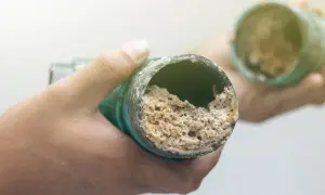 Manos sostienen tuberías obstruidas con depósitos calcáreos, un problema común que un desatascador casero podría solucionar.