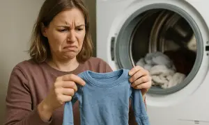 Mujer con cara de disgusto, señalando una pequeña prenda azul que la secadora encoge la ropa.