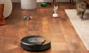 Un Roomba con error 17 se detiene en un suelo de madera. Un gato observa desde una alfombra.