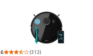 Conga Eternal Laser X-treme: robot aspirador negro con cepillo azul y app móvil mostrando mapa de limpieza.