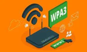 Router Wi-Fi con símbolo de señal, burbuja "WPA3" y varios iconos de conexión.