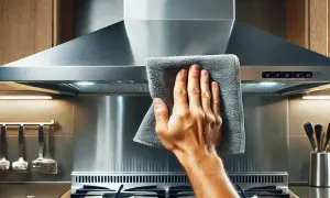 Mano limpiando la campana extractora de acero inoxidable con un paño gris.