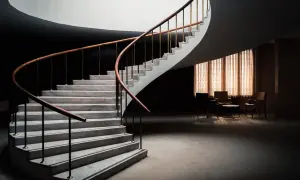 Escalera de caracol con peldaños de mármol y barandilla de madera. Diversos tipos de revestimientos para escaleras interiores.