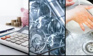 Calculadora, hucha y lavavajillas. ¿cuanta agua gasta un lavavajillas comparado con lavar a mano? Ahorra agua y dinero.