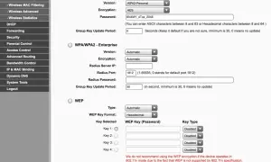 Configuración de seguridad Wi-Fi: WPA2-Personal con contraseña, WPA2-Enterprise y WEP. El SSID del router se configura aquí.