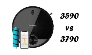 Robot aspirador Cecotec Conga 3590 junto a un móvil y un cepillo. Comparativa 3590 vs 3790.