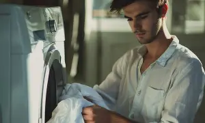 Joven cargando ropa blanca en la lavadora para el centrifugado.