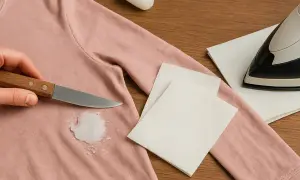 Mano raspa cera de camiseta rosa. Se muestra cómo quitar cera de la ropa con cuchillo, papel y plancha.