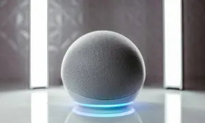 Altavoz inteligente con luz azul, listo para programar Alexa y crear rutinas.