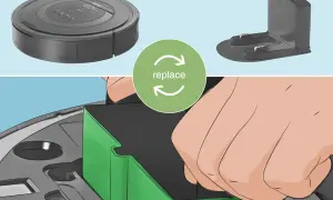 Un Roomba muestra el mensaje "error 18". Se muestra el robot, su base de carga y una mano insertando un componente verde.