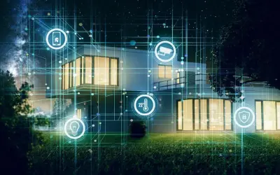 Casa inteligente conectada, con iconos de seguridad, temperatura y luz. La red digital facilita configurar wifi para el hogar.