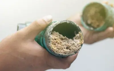 Manos sostienen tuberías obstruidas con depósitos calcáreos, un problema común que un desatascador casero podría solucionar.