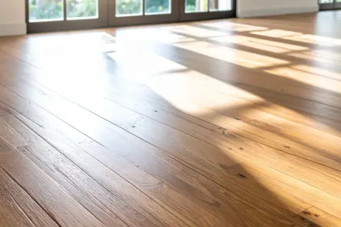 El cálido suelo de madera de una casa de campo, bañado por la luz del sol que entra por los ventanales.