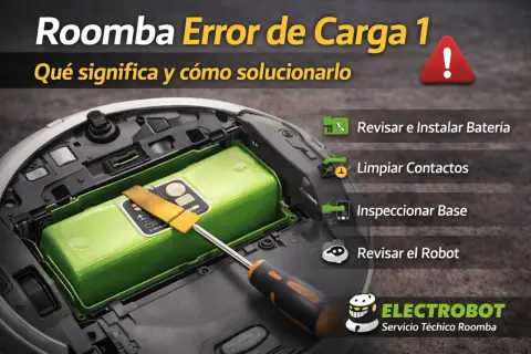 La luz indicadora de fallo Roomba muestra un error de carga. Se recomienda revisar la batería, limpiar contactos, inspeccionar la base y el robot.