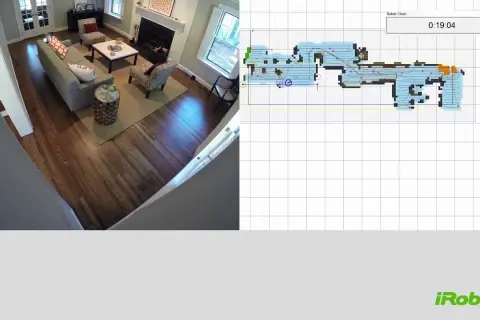 Vista aérea de una sala de estar con un mapa de **roomba mapeo** en la pantalla, mostrando el progreso de limpieza.