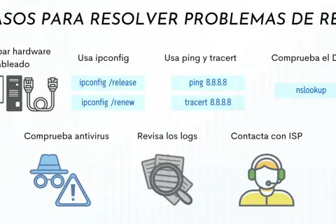 Pasos para resolver problemas de red: comprueba hardware, usa ipconfig, ping, tracert, nslookup, antivirus, logs y contacta con ISP si no se conecta al wifi.
