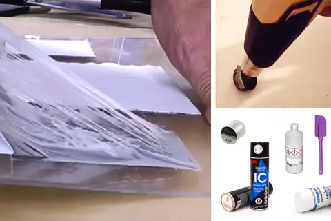 Herramientas para quitar pegamento suelo vinílico: pistola de calor, espátula, limpiador industrial y spray quitapinturas.