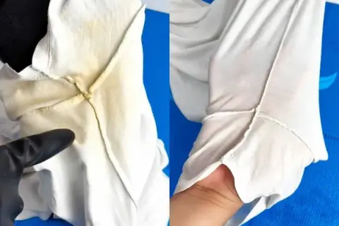 Antes y después de limpiar una camisa blanca amarillenta. La imagen de la izquierda muestra la mancha, la de la derecha, la prenda limpia.