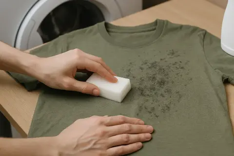 Manos limpiando una camiseta verde con manchas de moho usando una esponja blanca. Aprende como quitar moho de la ropa.