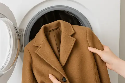 Manos introducen un abrigo de paño color camel en una lavadora. Aprende como lavar un abrigo de paño para mantenerlo como nuevo.