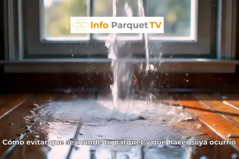 Un chorro de agua cae sobre un suelo de parquet, formando un charco de agua. El texto indica cómo evitar inundaciones en el parquet.