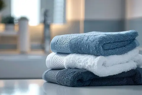 Toallas nuevas apiladas en tonos azules y blancos. Aprende como lavar toallas nuevas para que queden suaves y absorbentes.