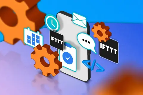 El teléfono muestra iconos de calendario, reloj, correo y chat, rodeado de engranajes y el logo de **IFTTT**, sugiriendo automatización.