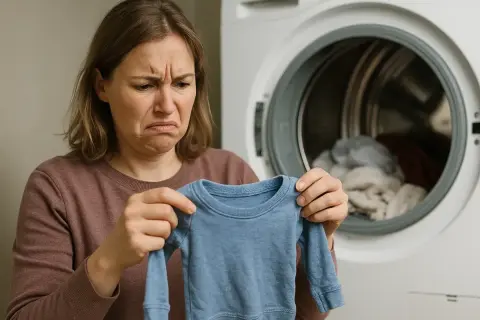 Mujer con cara de disgusto, señalando una pequeña prenda azul que la secadora encoge la ropa.