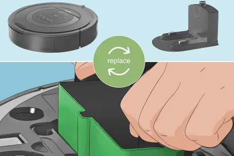 Mano insertando un depósito verde en un robot aspirador. Si tu roomba no recoge suciedad en el depósito, quizás necesites reemplazarlo.