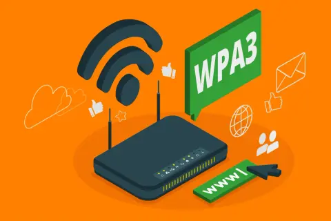 Router Wi-Fi con símbolo de señal, burbuja "WPA3" y varios iconos de conexión.