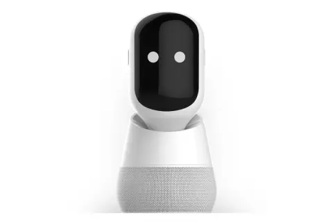 Robot con pantalla negra y dos puntos blancos, listo para recibir tu comando de voz.
