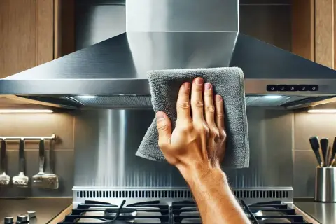 Mano limpiando la campana extractora de acero inoxidable con un paño gris.
