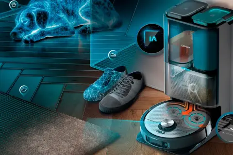 Robot aspirador Conga con navegación láser inteligente, detecta obstáculos y mascotas.