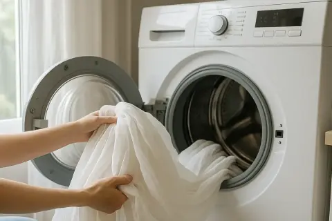 Manos colocando cortinas blancas en lavadora. Usando suavizante para un lavado fresco.