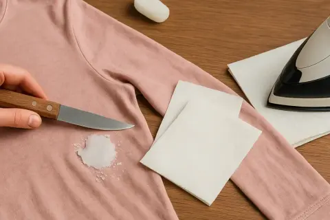 Mano raspa cera de camiseta rosa. Se muestra cómo quitar cera de la ropa con cuchillo, papel y plancha.