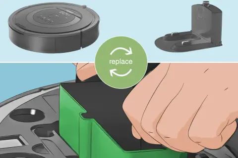 Un Roomba muestra el mensaje "error 18". Se muestra el robot, su base de carga y una mano insertando un componente verde.