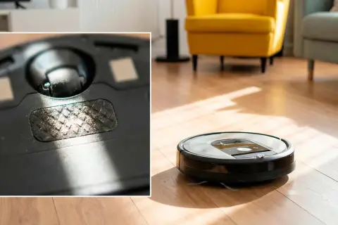 Robot aspirador Roomba con suciedad en la rueda, indicando un posible error 2.