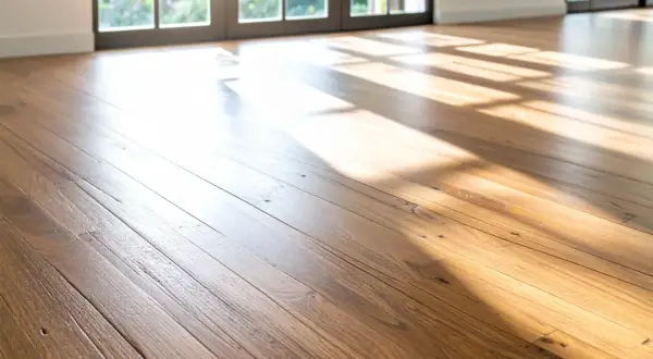 El cálido suelo de madera de una casa de campo, bañado por la luz del sol que entra por los ventanales.
