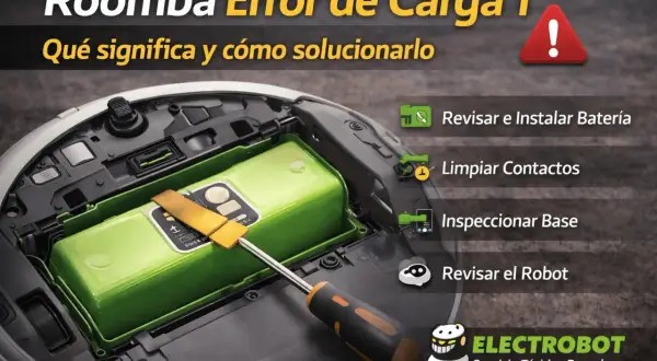 La luz indicadora de fallo Roomba muestra un error de carga. Se recomienda revisar la batería, limpiar contactos, inspeccionar la base y el robot.