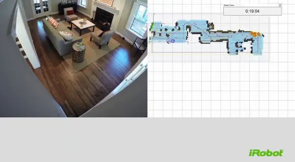 Vista aérea de una sala de estar con un mapa de **roomba mapeo** en la pantalla, mostrando el progreso de limpieza.